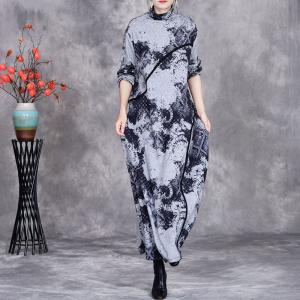 Black Patterned High Collar Gray Jersey Dress