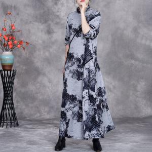Black Patterned High Collar Gray Jersey Dress
