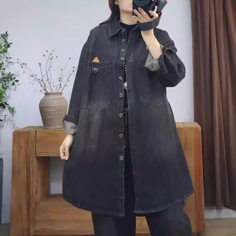 Street Denim Long Sleeve Polo Neck Solid Color Blue Black 90s western comfy plus size barn