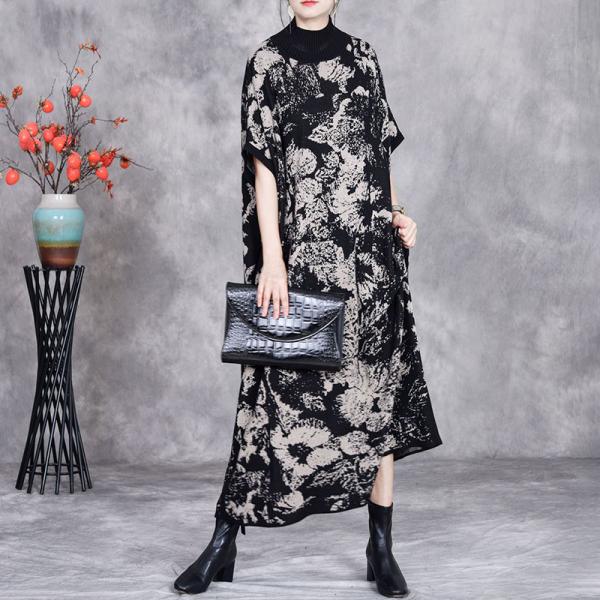 High Collar Flowers Printed Knitted Sweater Dress