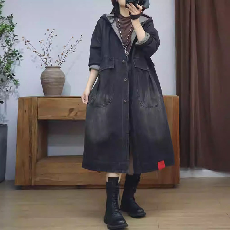 Street Denim Long Sleeve Hooded Solid Color Blue Black 90s western comfy plus size buykud