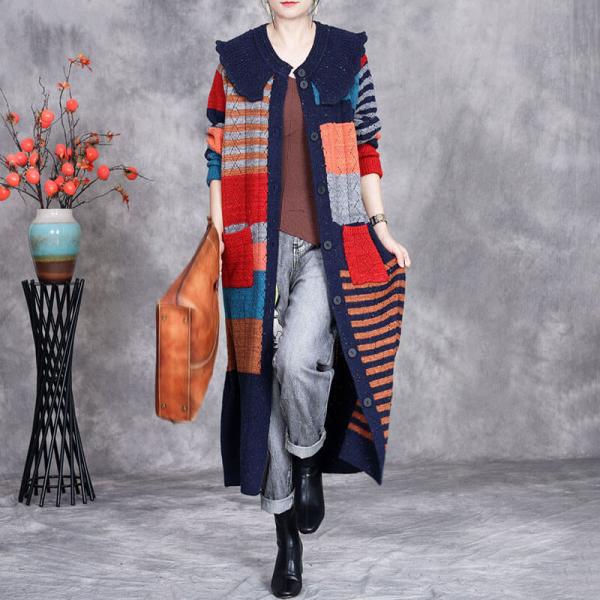 Peter Pan Collar Color Blocks Knit Sweater Cardigan
