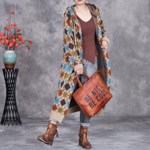 Classic Colorful Checkered Midi Hooded Coat