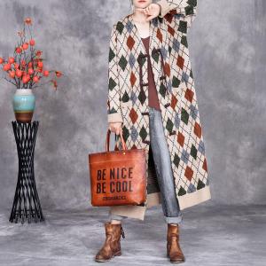 Front Tassel Buttons Rhomboid Knitted Cardigan Coat