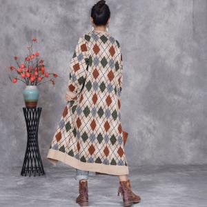 Front Tassel Buttons Rhomboid Knitted Cardigan Coat