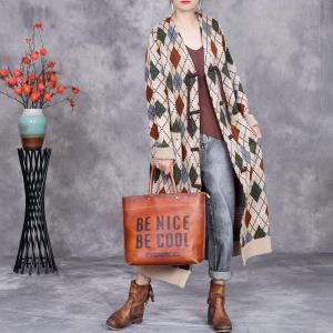 Front Tassel Buttons Rhomboid Knitted Cardigan Coat