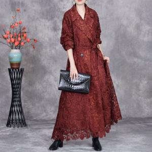 Long Elegant Belted Crochet Lace Trench Coat