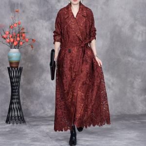 Long Elegant Belted Crochet Lace Trench Coat