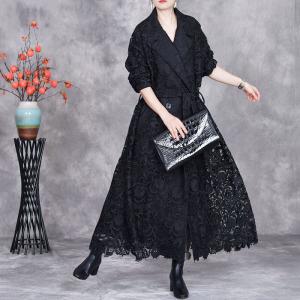 Long Elegant Belted Crochet Lace Trench Coat