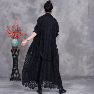 Long Elegant Belted Crochet Lace Trench Coat