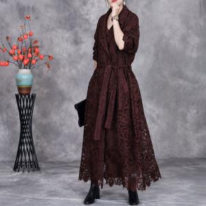 Long Elegant Belted Crochet Lace Trench Coat