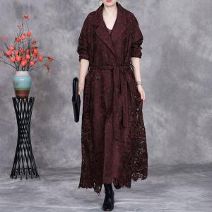 Long Elegant Belted Crochet Lace Trench Coat