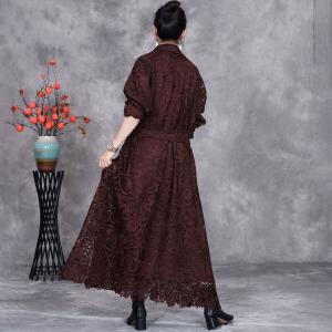 Long Elegant Belted Crochet Lace Trench Coat
