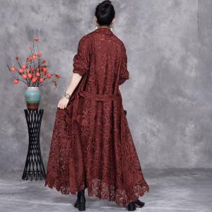 Long Elegant Belted Crochet Lace Trench Coat