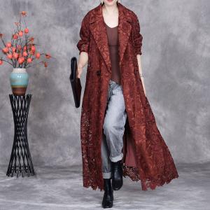 Long Elegant Belted Crochet Lace Trench Coat