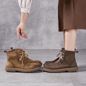 Chunky Heels Leather Tied Ankle Boots