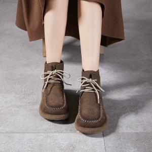 Chunky Heels Leather Tied Ankle Boots