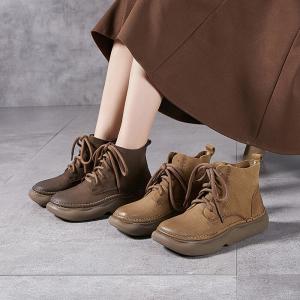 Lace Up Cowhide Leather Platform Desert Boots