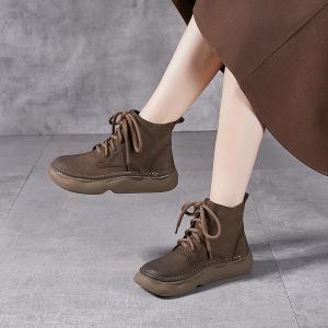 Lace Up Cowhide Leather Platform Desert Boots