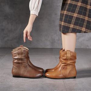 Mid-Length Cowhide Leather Flat Cowboy Boots