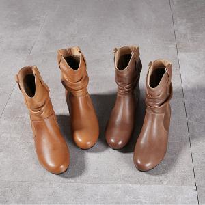 Mid-Length Cowhide Leather Flat Cowboy Boots
