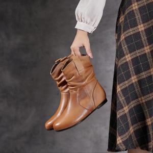 Mid-Length Cowhide Leather Flat Cowboy Boots