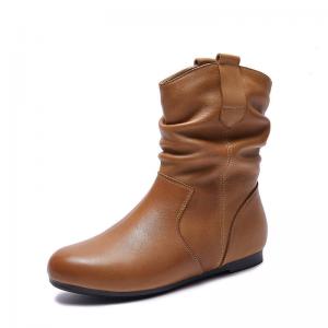 Mid-Length Cowhide Leather Flat Cowboy Boots