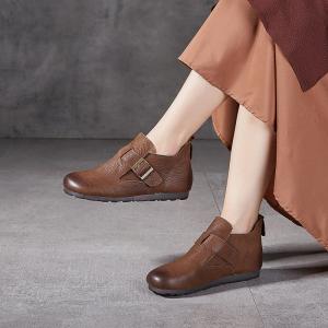 Genuine Leather Buckle Flat Boots for Women