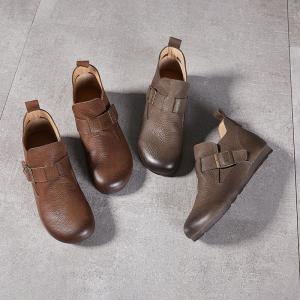 Genuine Leather Buckle Flat Boots for Women