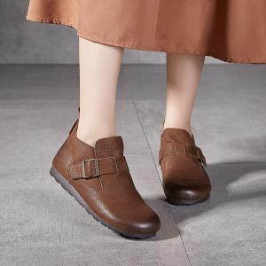 Genuine Leather Buckle Flat Boots for Women