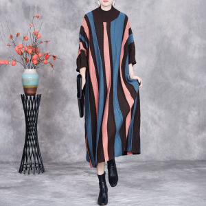 Half Sleeves Chunky Striped Midi Knit Dress