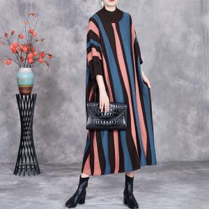 Half Sleeves Chunky Striped Midi Knit Dress