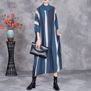 Half Sleeves Chunky Striped Midi Knit Dress