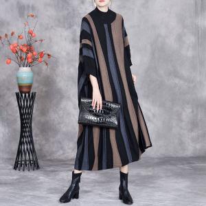 Half Sleeves Chunky Striped Midi Knit Dress