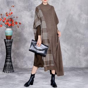 High Collar Cashmere Asymmetrical Gingham Dress