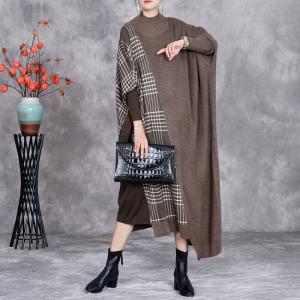 High Collar Cashmere Asymmetrical Gingham Dress