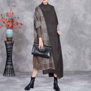 High Collar Cashmere Asymmetrical Gingham Dress