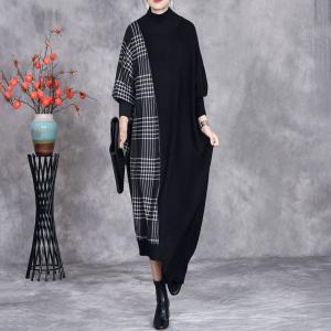 High Collar Cashmere Asymmetrical Gingham Dress