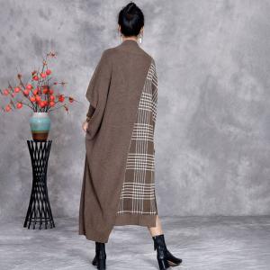 High Collar Cashmere Asymmetrical Gingham Dress