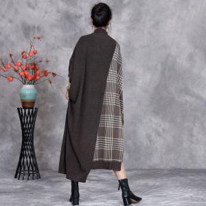 High Collar Cashmere Asymmetrical Gingham Dress