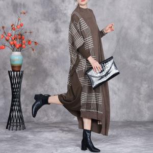 High Collar Cashmere Asymmetrical Gingham Dress
