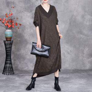 Long Sleeves Loose V-Neck Fine Knit Dress
