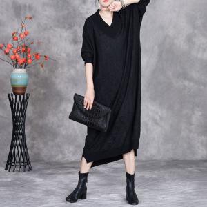 Long Sleeves Loose V-Neck Fine Knit Dress