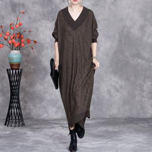 Long Sleeves Loose V-Neck Fine Knit Dress