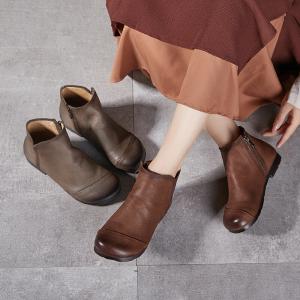Wide Toed Side Zip Cowhide Leather Comfy Booties