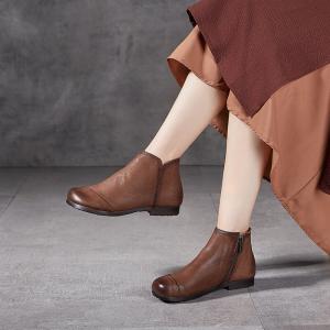 Wide Toed Side Zip Cowhide Leather Comfy Booties