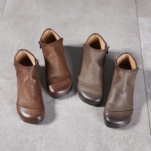 Wide Toed Side Zip Cowhide Leather Comfy Booties