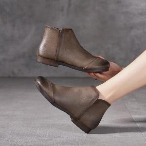 Wide Toed Side Zip Cowhide Leather Comfy Booties