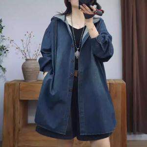 Dark Wash Side Slit Midi Hooded Jacket