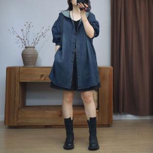 Dark Wash Side Slit Midi Hooded Jacket